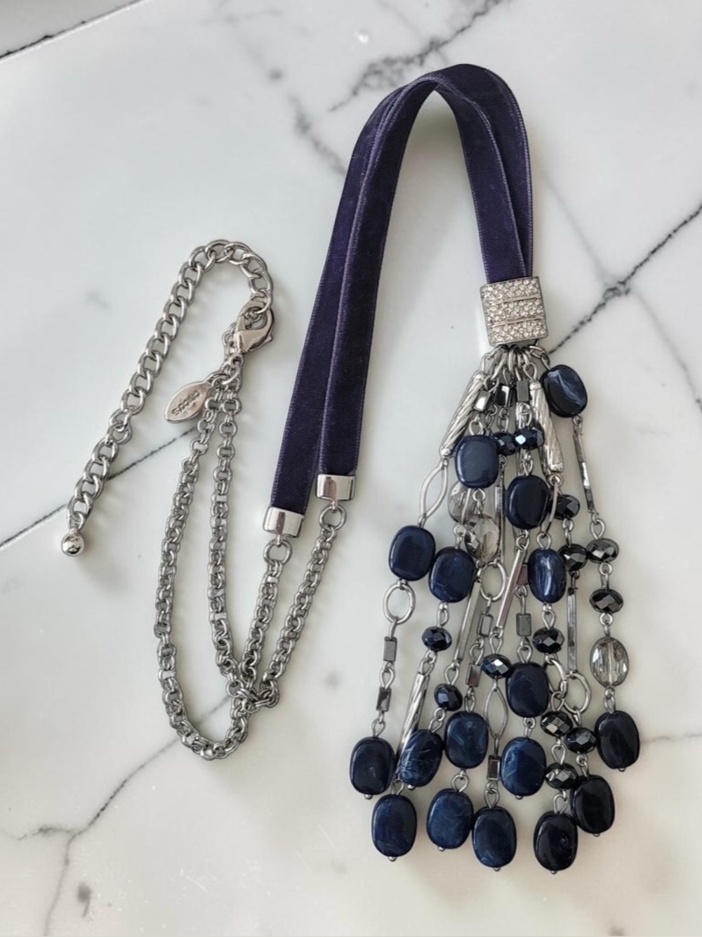 Chicos Silver Tone Velvet Cord & Chain Rhinestone Tassel Necklace 28" Long